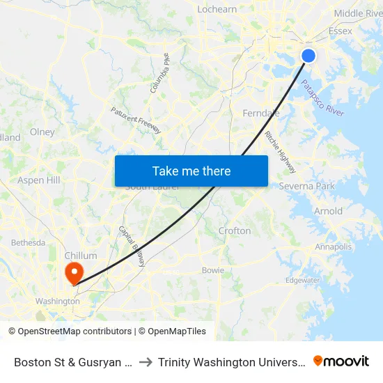 Boston St & Gusryan St to Trinity Washington University map