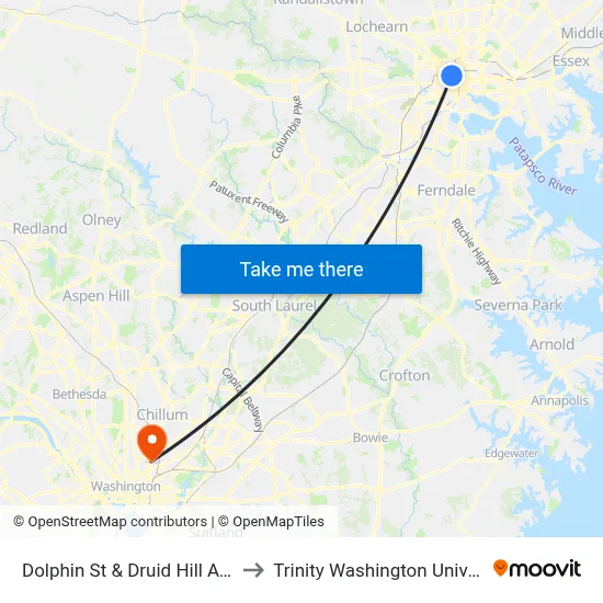 Dolphin St & Druid Hill Ave Eb to Trinity Washington University map