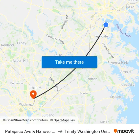 Patapsco Ave & Hanover St Wb to Trinity Washington University map