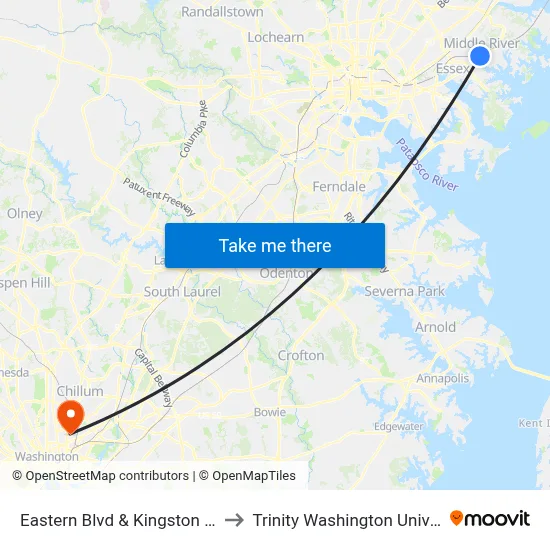 Eastern Blvd & Kingston Rd Eb to Trinity Washington University map