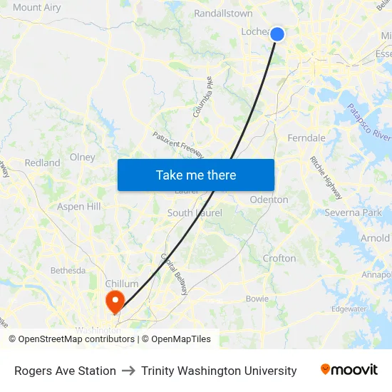 Rogers Ave Station to Trinity Washington University map