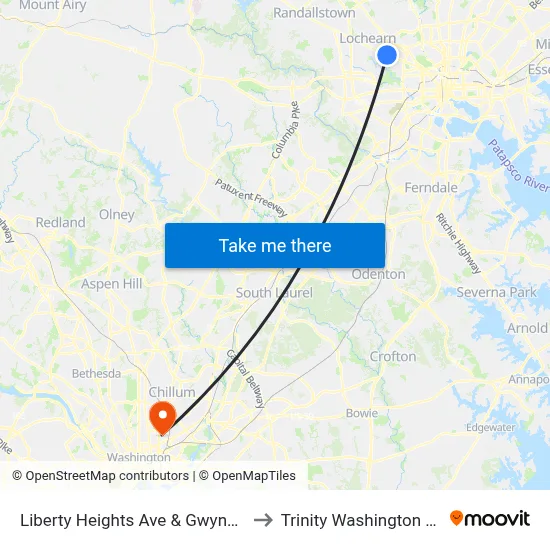 Liberty Heights Ave & Gwynn Oak Ave FS to Trinity Washington University map