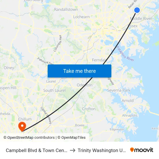 Campbell Blvd & Town Center Dr Nb to Trinity Washington University map