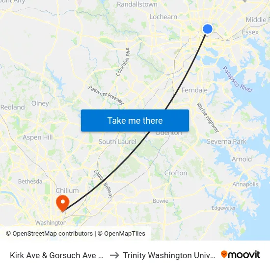 Kirk Ave & Gorsuch Ave FS Sb to Trinity Washington University map