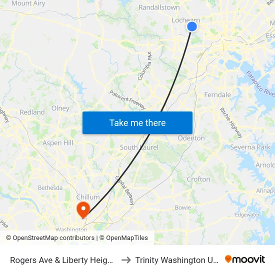 Rogers Ave & Liberty Heights Ave Sb to Trinity Washington University map