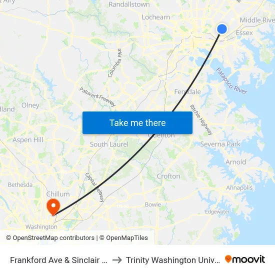 Frankford Ave & Sinclair Ln Sb to Trinity Washington University map