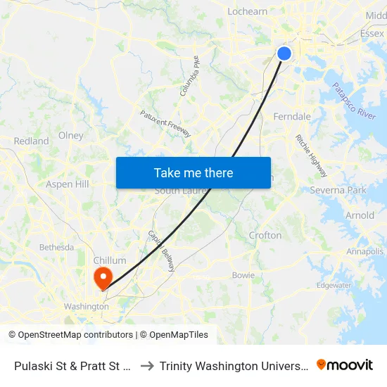Pulaski St & Pratt St Sb to Trinity Washington University map