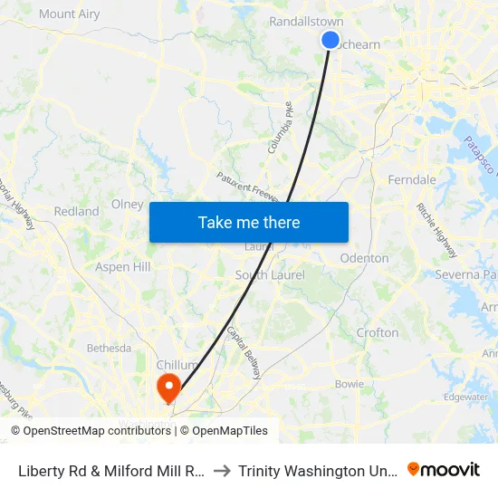 Liberty Rd & Milford Mill Rd FS Nb to Trinity Washington University map