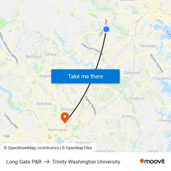 Long Gate P&R to Trinity Washington University map
