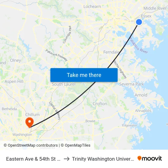 Eastern Ave & 54th St Wb to Trinity Washington University map