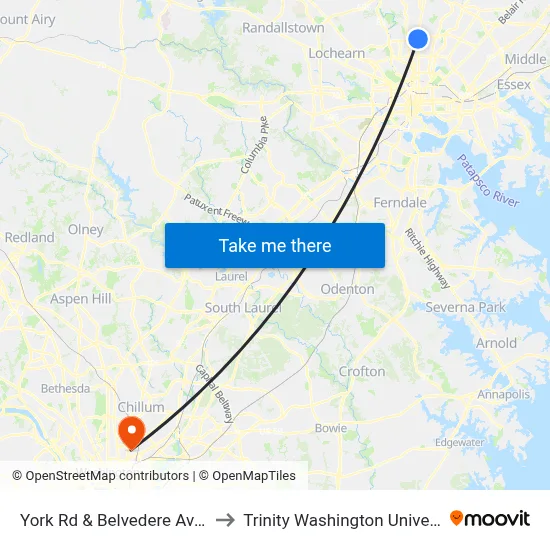 York Rd & Belvedere Ave Sb to Trinity Washington University map