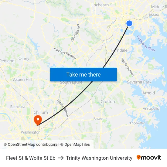 Fleet St & Wolfe St Eb to Trinity Washington University map