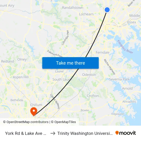 York Rd & Lake Ave Sb to Trinity Washington University map