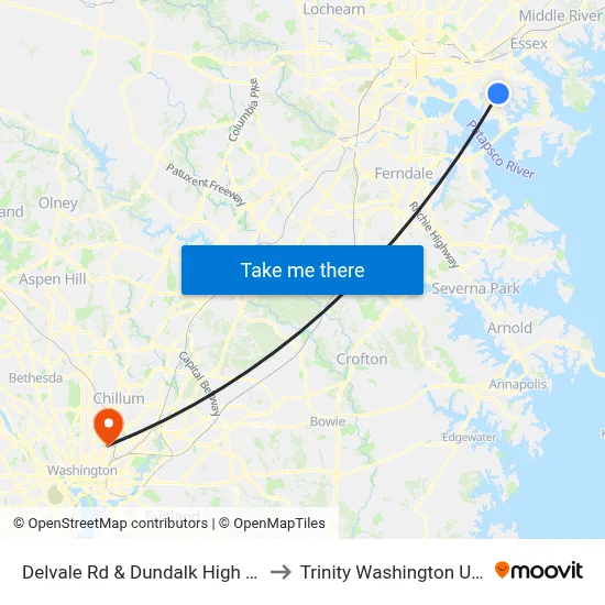 Delvale Rd & Dundalk High School Nb to Trinity Washington University map