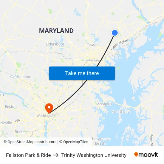 Fallston Park & Ride to Trinity Washington University map