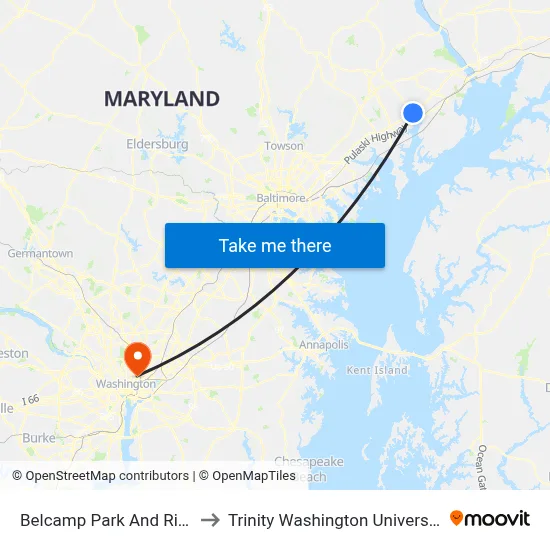 Belcamp Park And Ride to Trinity Washington University map