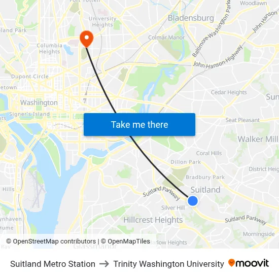 Suitland Metro Station to Trinity Washington University map