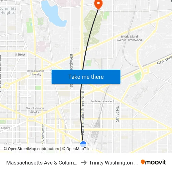 Massachusetts Ave & Columbus Cir NE Eb to Trinity Washington University map