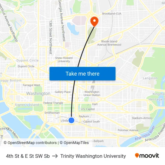 4th St & E St SW Sb to Trinity Washington University map