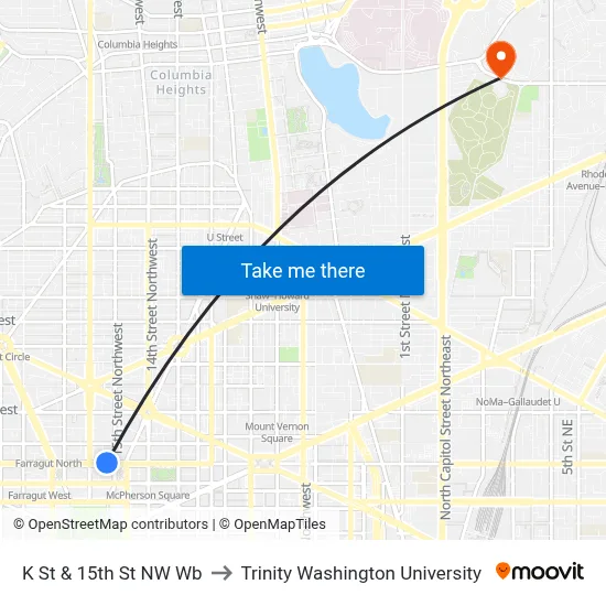 K St & 15th St NW Wb to Trinity Washington University map