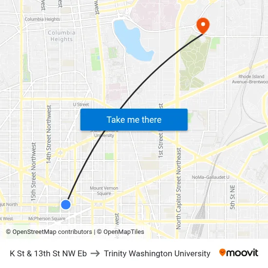 K St & 13th St NW Eb to Trinity Washington University map