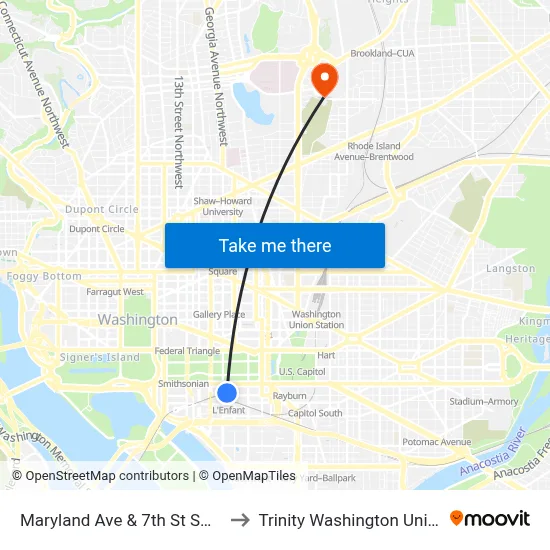 Maryland Ave & 7th St SW FS Eb to Trinity Washington University map