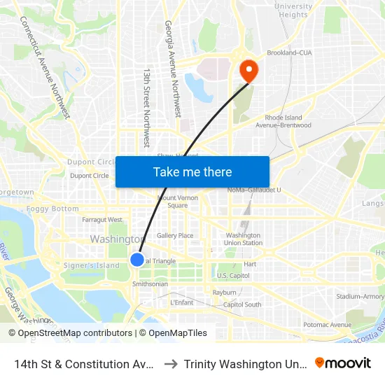 14th St & Constitution Ave NW Sb to Trinity Washington University map