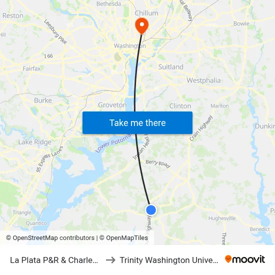 La Plata P&R & Charles Co to Trinity Washington University map