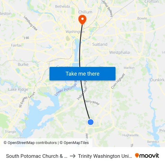 South Potomac Church & Us 301 to Trinity Washington University map