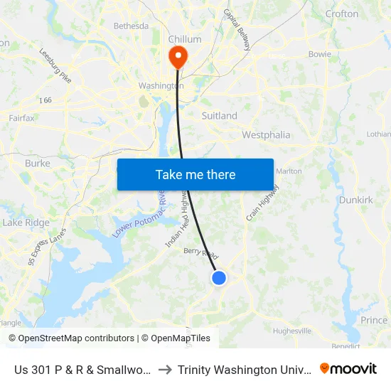 Us 301 P & R & Smallwood Dr to Trinity Washington University map