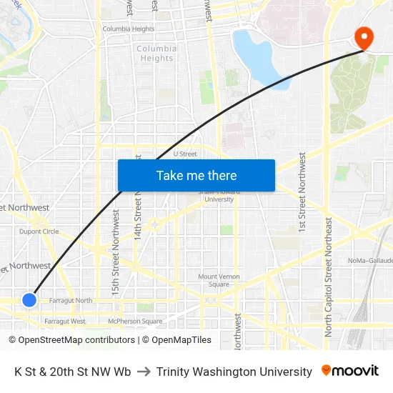 K St & 20th St NW Wb to Trinity Washington University map