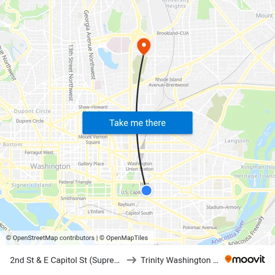 2nd St & E Capitol St (Supreme Court) Sb to Trinity Washington University map