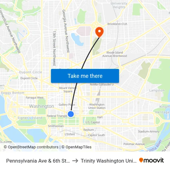Pennsylvania Ave & 6th St NW Eb to Trinity Washington University map