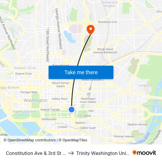 Constitution Ave & 3rd St NW Eb to Trinity Washington University map