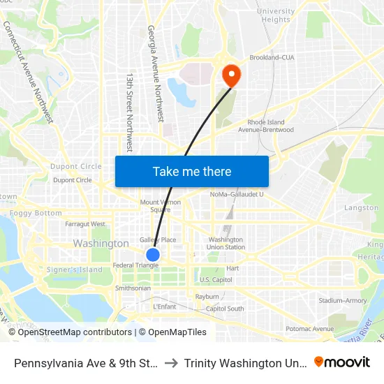 Pennsylvania Ave & 9th St NW Wb to Trinity Washington University map