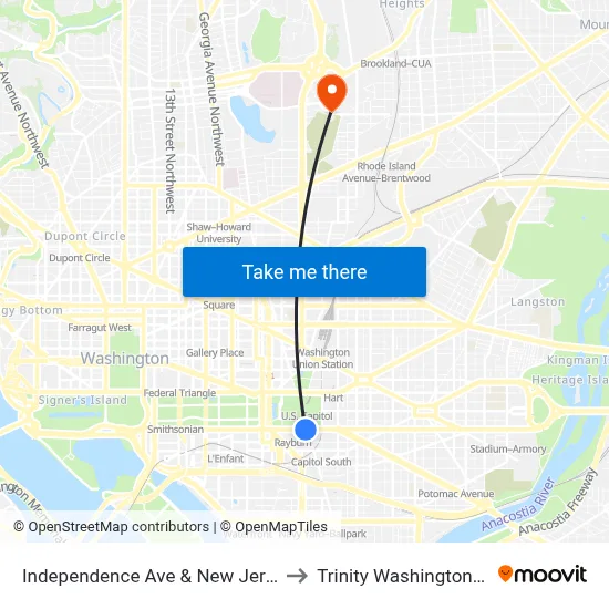 Independence Ave & New Jersey Ave SE Eb to Trinity Washington University map