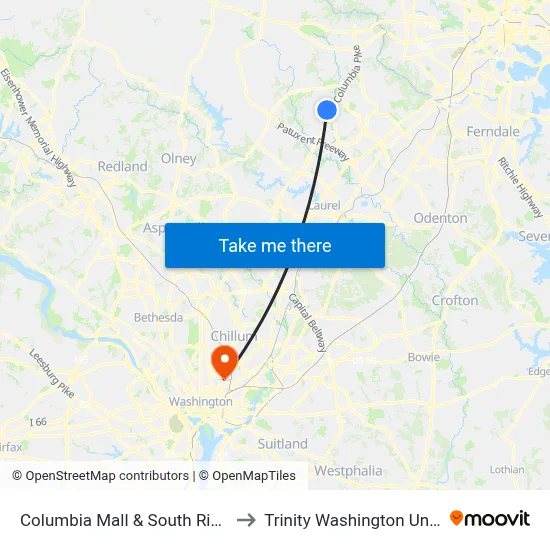 Columbia Mall & South Ring Rd Eb to Trinity Washington University map