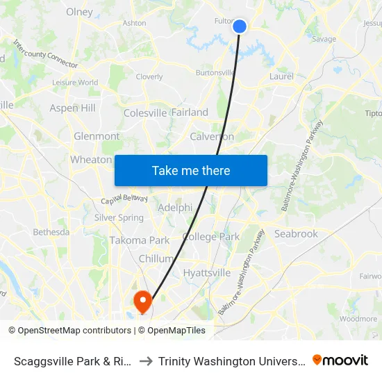 Scaggsville Park & Ride to Trinity Washington University map