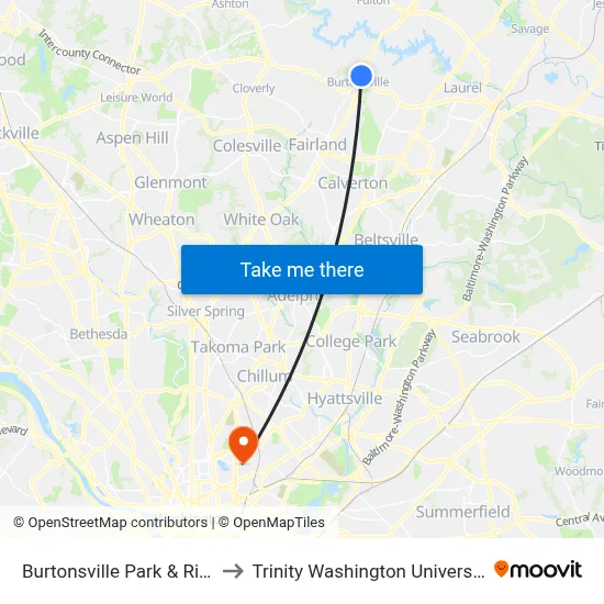 Burtonsville Park & Ride to Trinity Washington University map