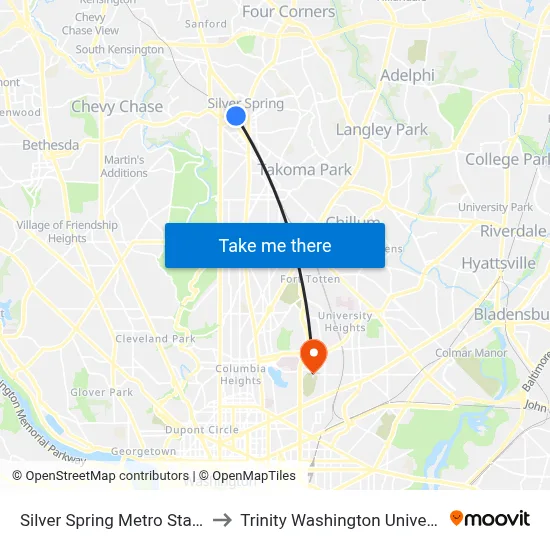 Silver Spring Metro Station to Trinity Washington University map