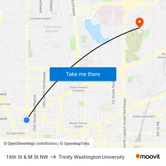 16th St & M St NW to Trinity Washington University map