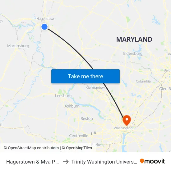 Hagerstown & Mva P&R to Trinity Washington University map