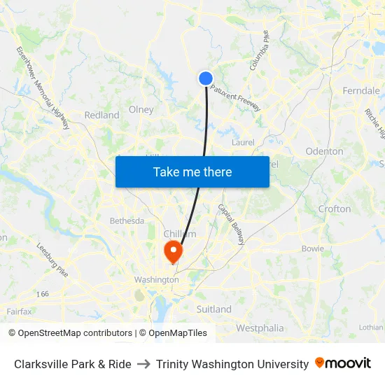 Clarksville Park & Ride to Trinity Washington University map