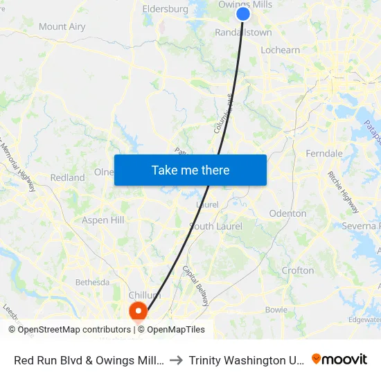 Red Run Blvd & Owings Mills Blvd Wb to Trinity Washington University map