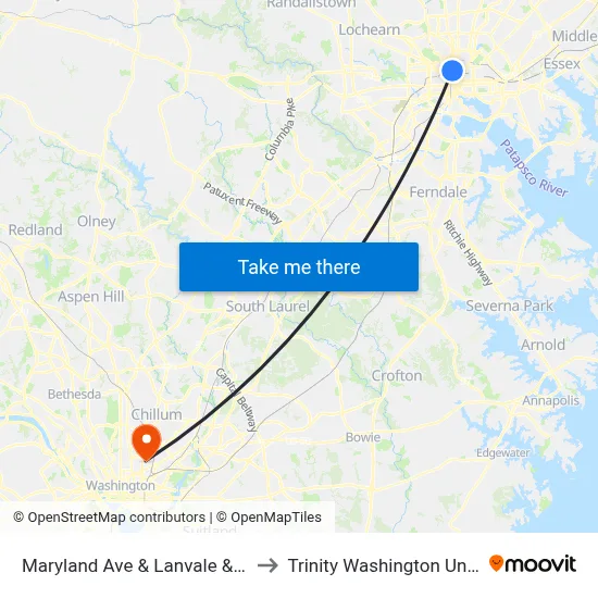 Maryland Ave & Lanvale & Falls FS to Trinity Washington University map