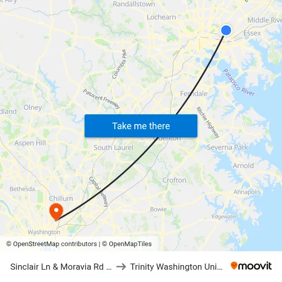 Sinclair Ln & Moravia Rd Ns Eb to Trinity Washington University map