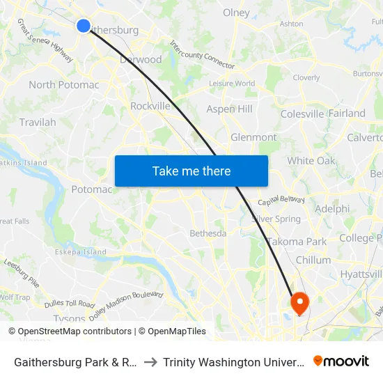 Gaithersburg Park & Ride to Trinity Washington University map