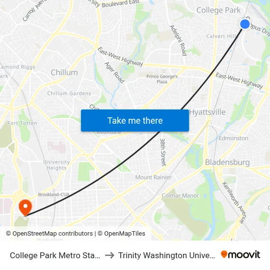 College Park Metro Station to Trinity Washington University map