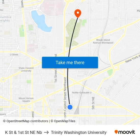 K St & 1st St NE Nb to Trinity Washington University map