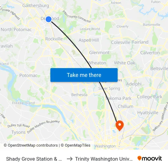 Shady Grove Station & Bay F to Trinity Washington University map